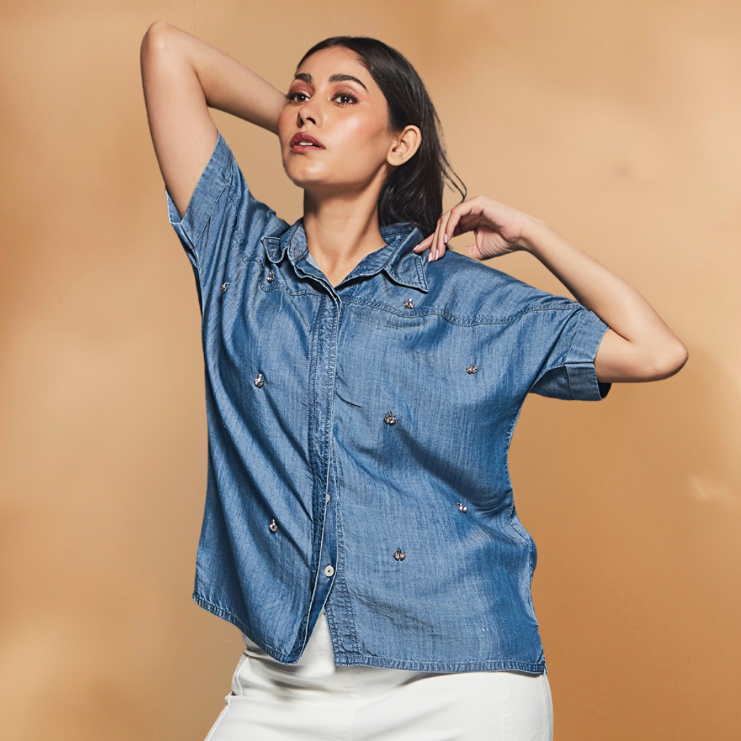 5048 Crystal Studded Denim Shirt – Maiefashion